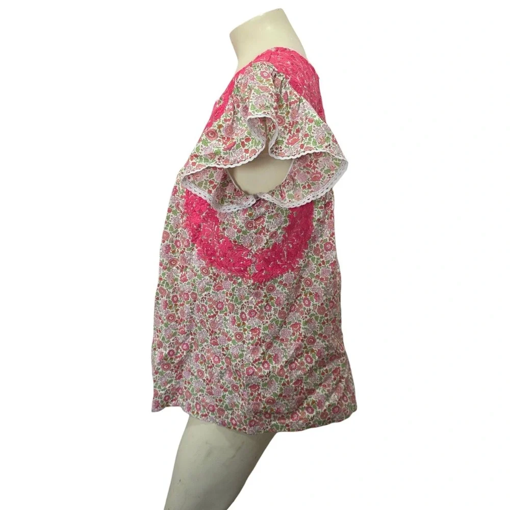 J Marie XL Pink Floral Embroidered Flutter Sleeve Boho Peasant Tunic Blouse Top